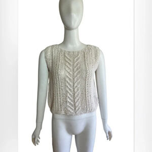 Ann Stevens Women's Round Neck Sleeveless White Cable Knit Top Ramie Cotton Sz L